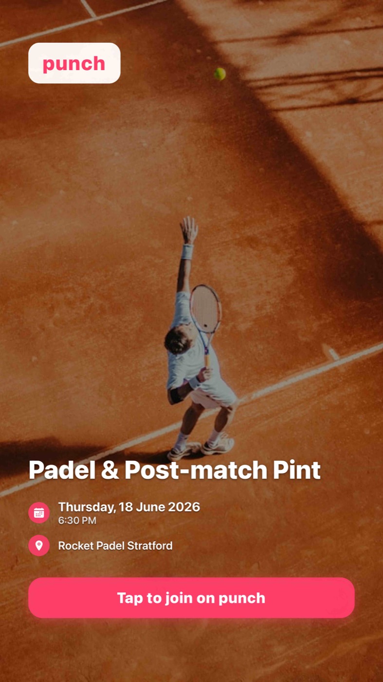 A punch event invite for Padel & Post-match Pint